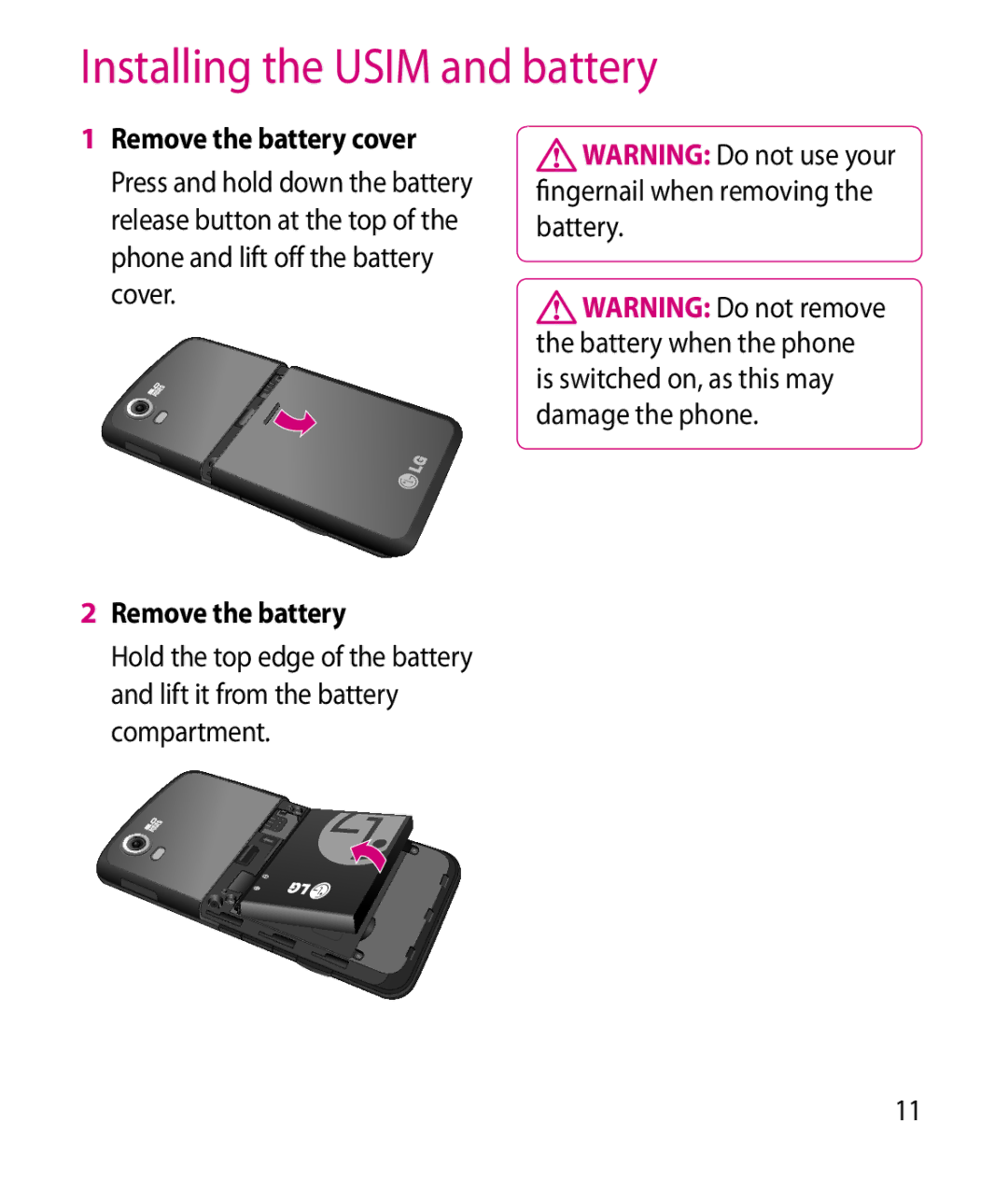 LG Electronics GT505 manual Installing the Usim and battery 