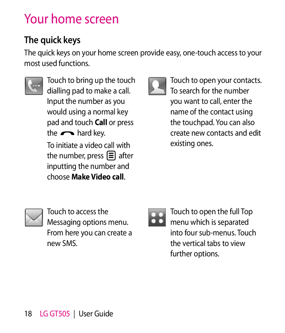 LG Electronics GT505 manual Quick keys, Hard key 