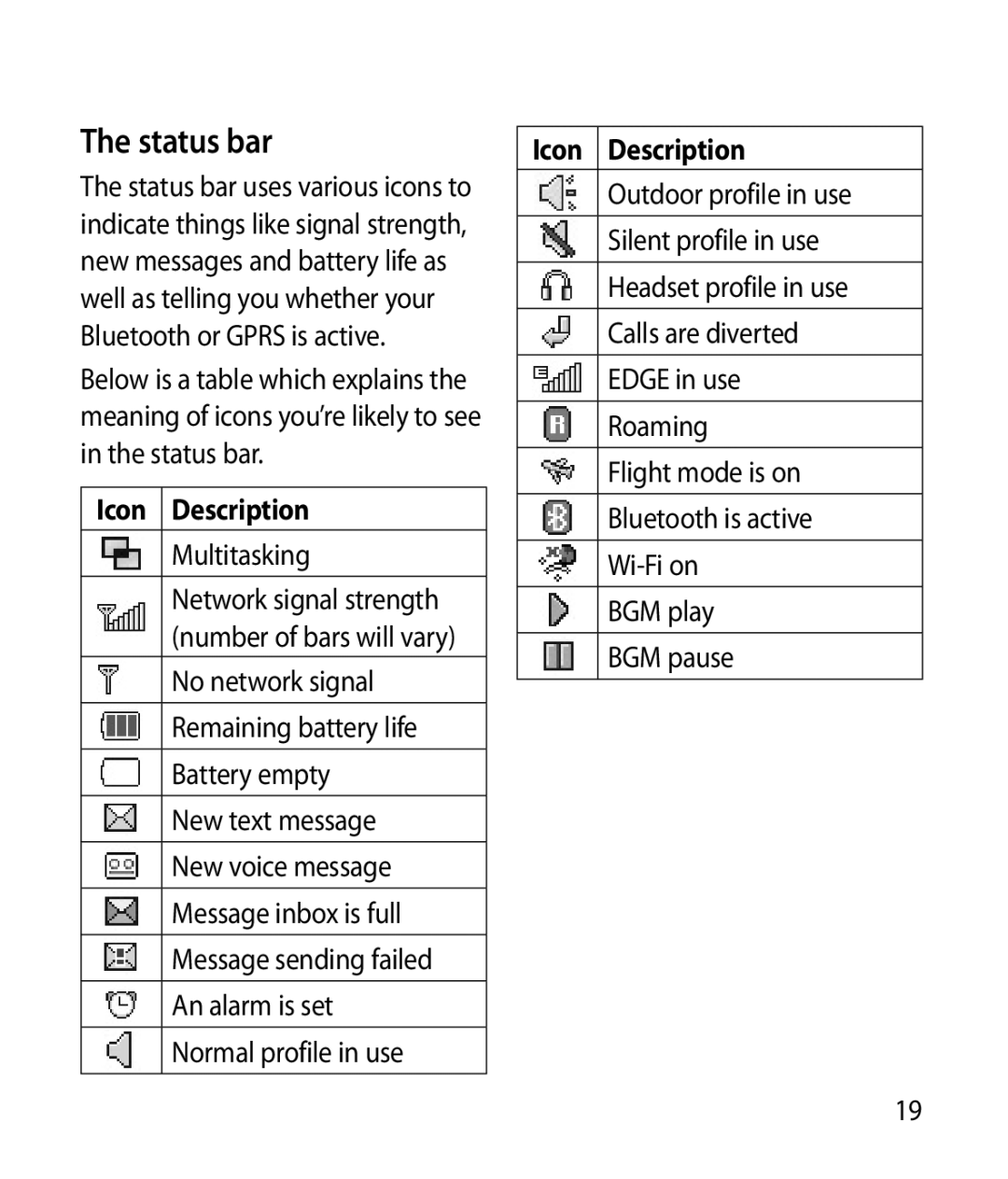 LG Electronics GT505 manual Status bar, Icon Description, Multitasking 