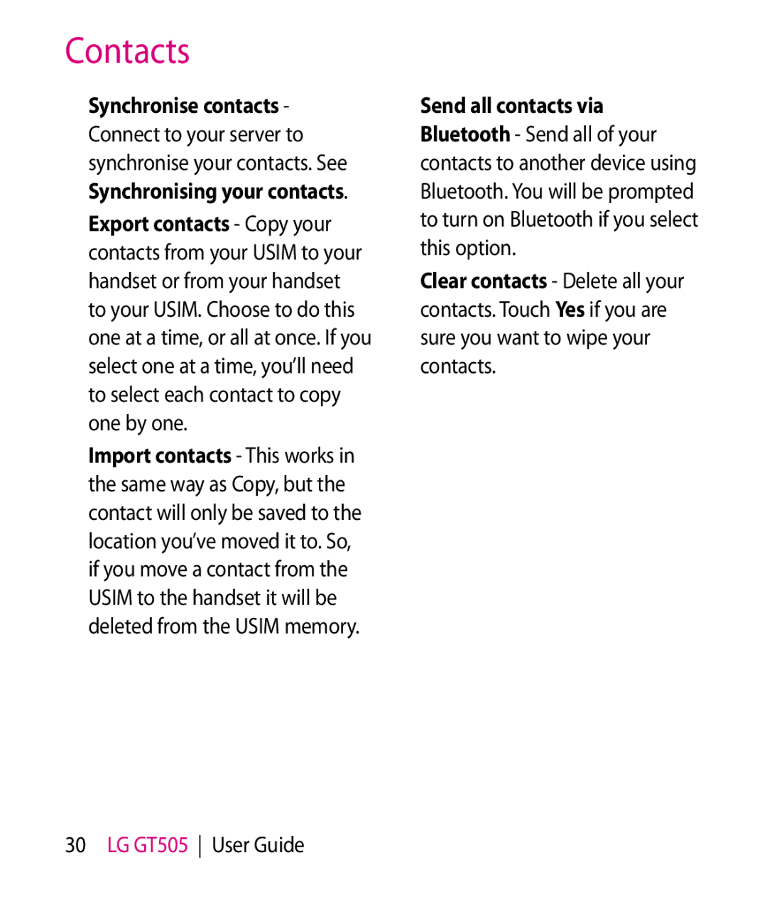 LG Electronics GT505 manual Synchronise contacts, Synchronising your contacts, Send all contacts via 