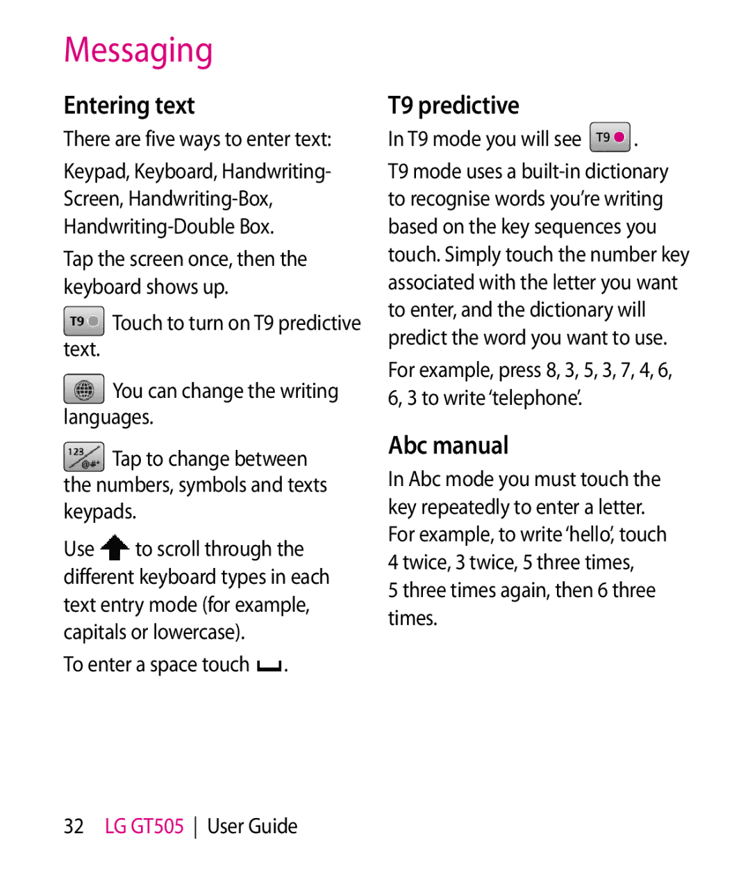 LG Electronics GT505 Messaging, Entering text, T9 predictive, Abc manual 