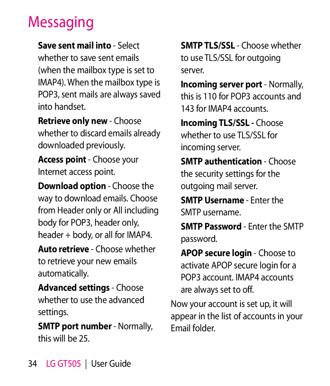 LG Electronics GT505 manual Access point Choose your, Internet access point, Smtp Username Enter, Smtp username 