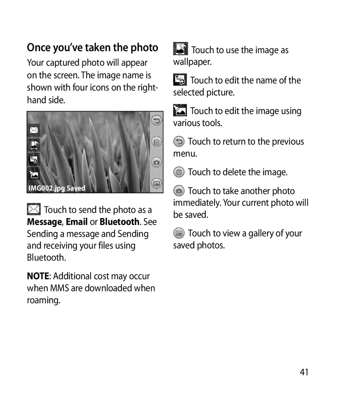 LG Electronics GT505 manual Once you’ve taken the photo, IMG002.jpg Saved 