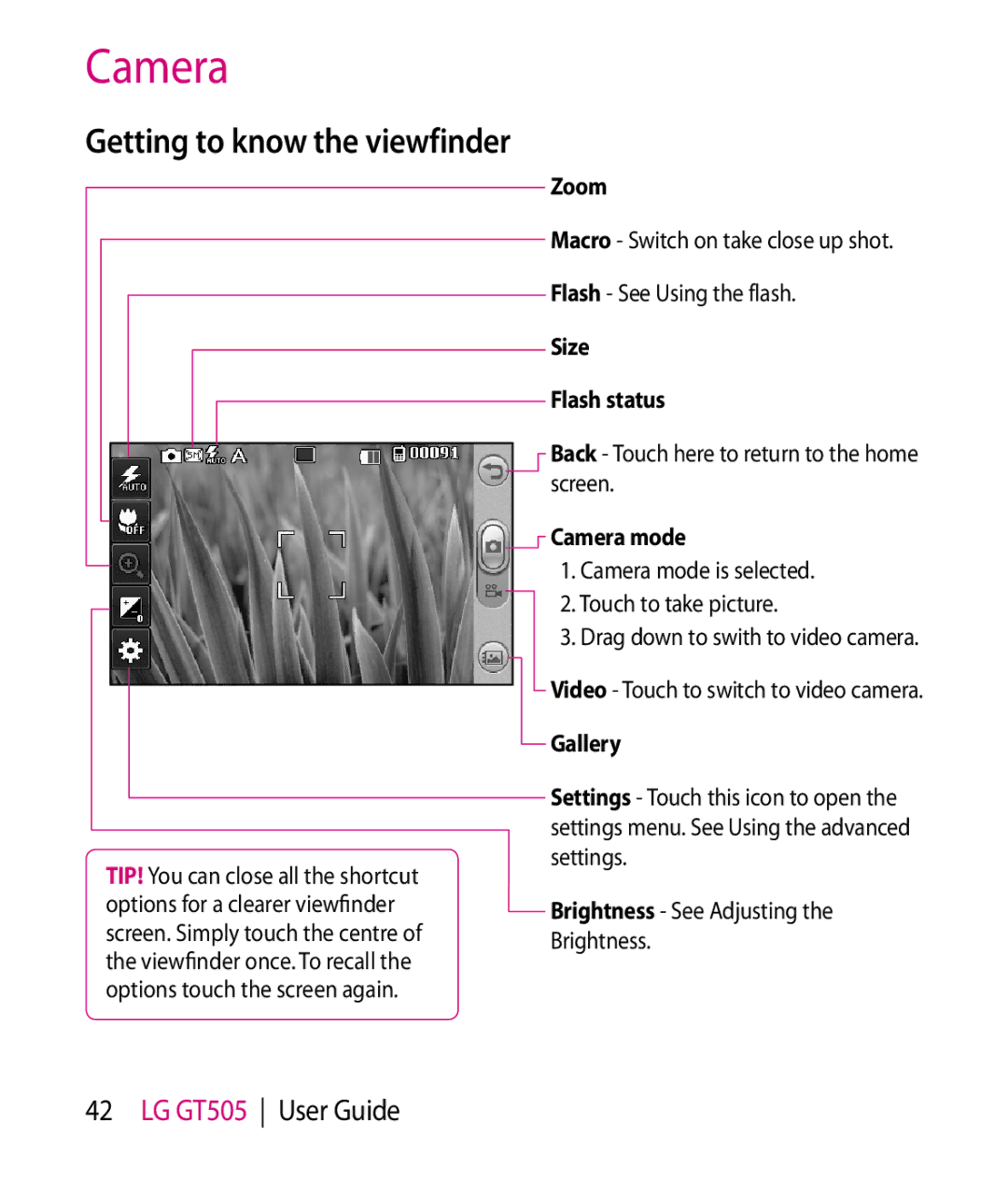 LG Electronics GT505 manual Getting to know the viewfinder, Camera mode 