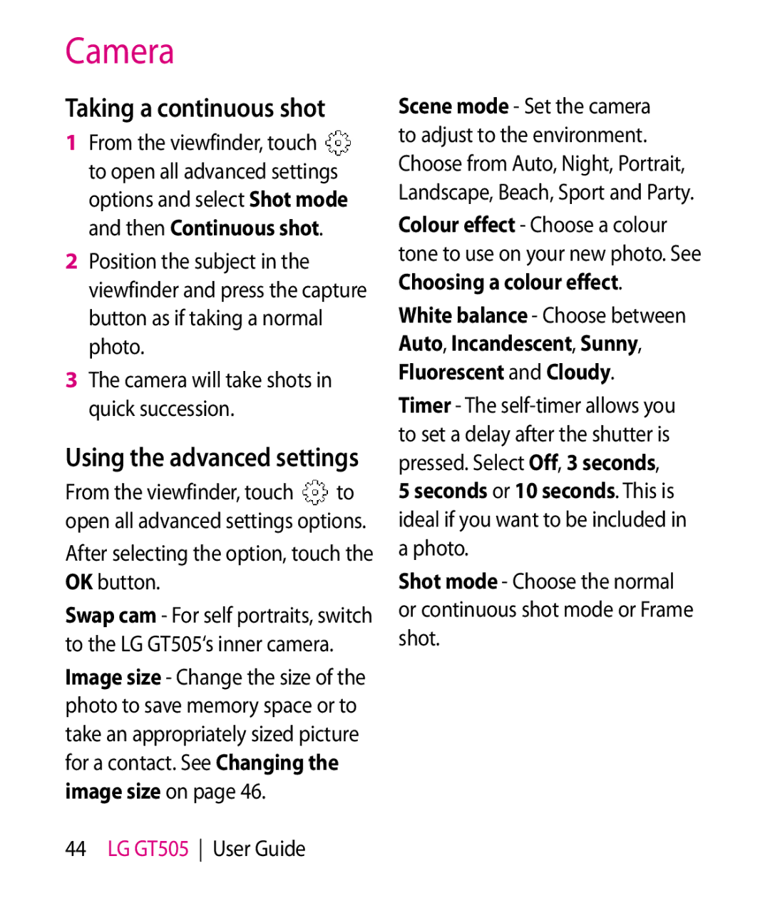 LG Electronics GT505 manual Taking a continuous shot, Using the advanced settings 