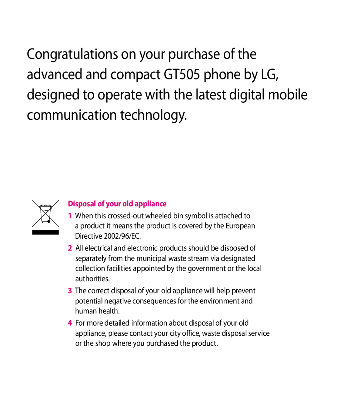 LG Electronics GT505 manual Disposal of your old appliance 