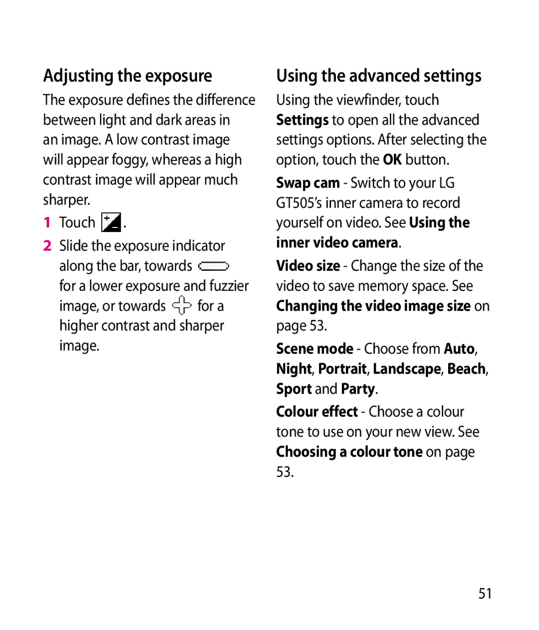 LG Electronics GT505 manual Using the advanced settings, Image, or towards for a higher contrast and sharper image 