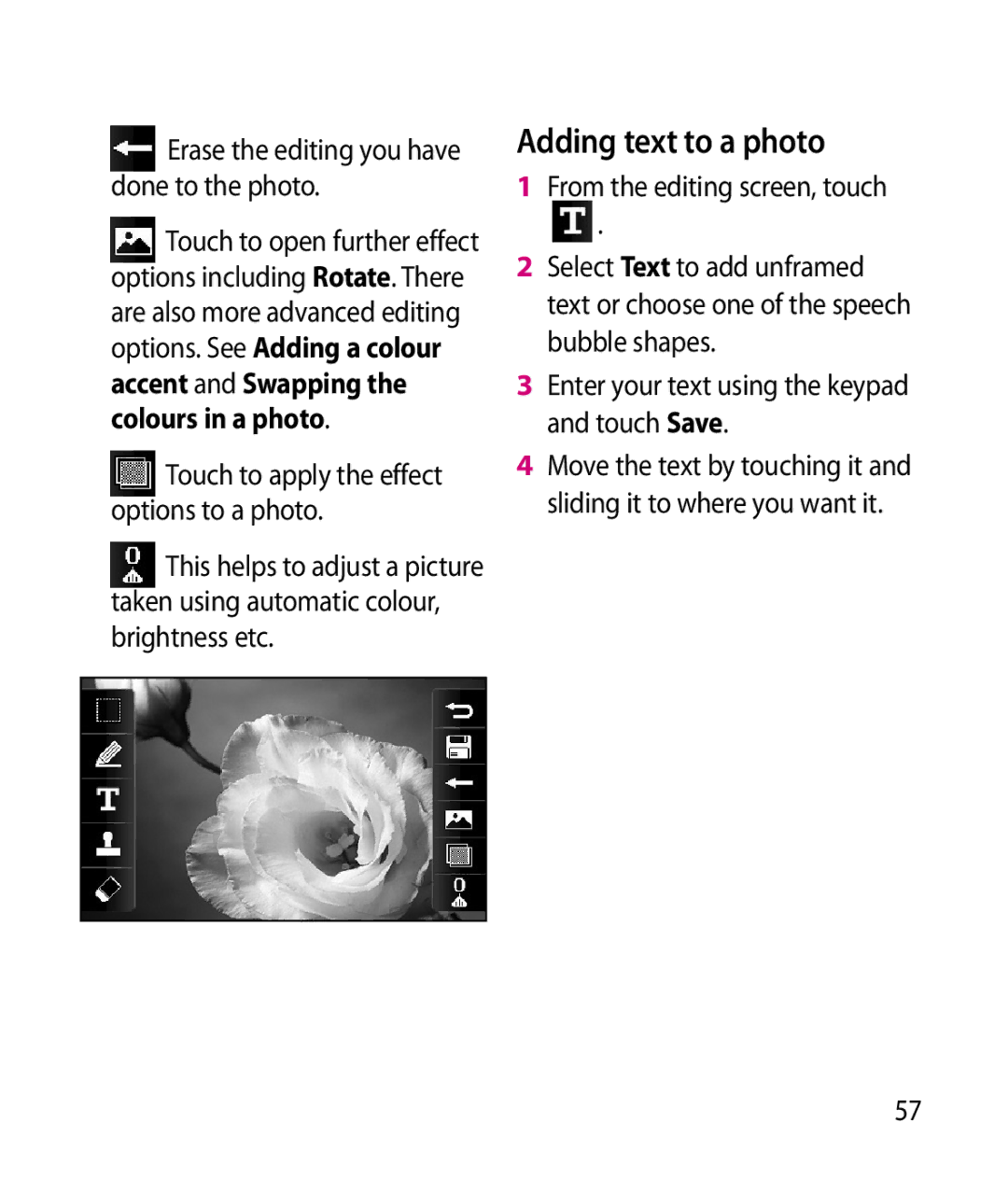 LG Electronics GT505 manual Adding text to a photo, Erase the editing you have done to the photo 