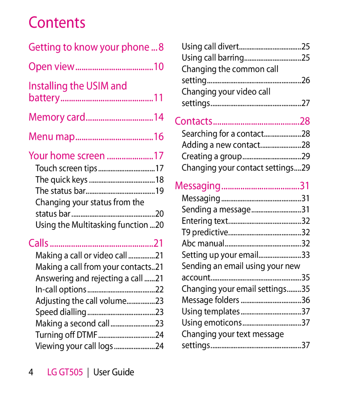 LG Electronics GT505 manual Contents 