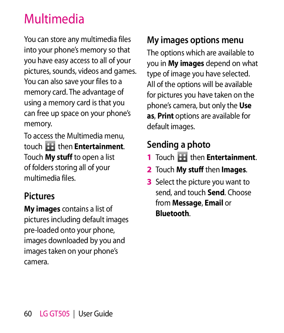LG Electronics GT505 manual Multimedia, Pictures, My images options menu, Sending a photo, Touch My stuff then Images 