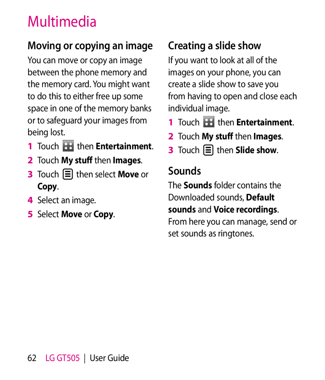 LG Electronics GT505 manual Creating a slide show, Sounds, Moving or copying an image, Touch then Slide show 