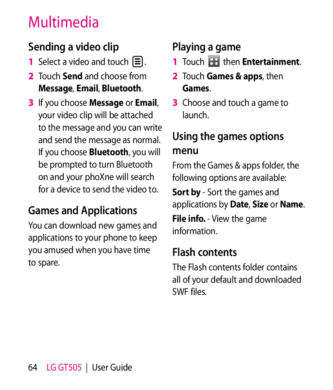 LG Electronics GT505 manual Sending a video clip, Games and Applications, Playing a game, Using the games options menu 