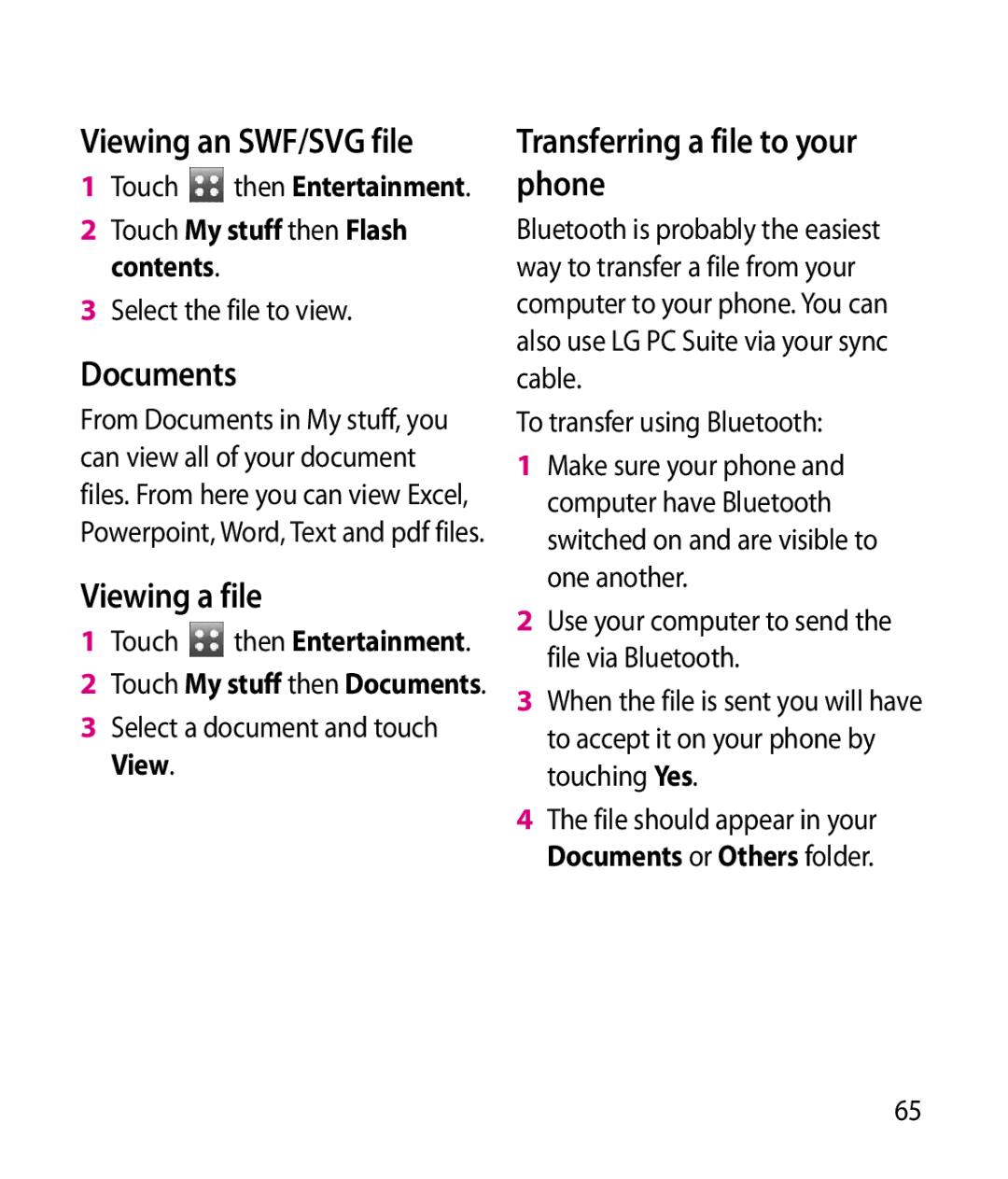 LG Electronics GT505 manual Viewing an SWF/SVG file, Documents Viewing a file, Transferring a file to your phone 