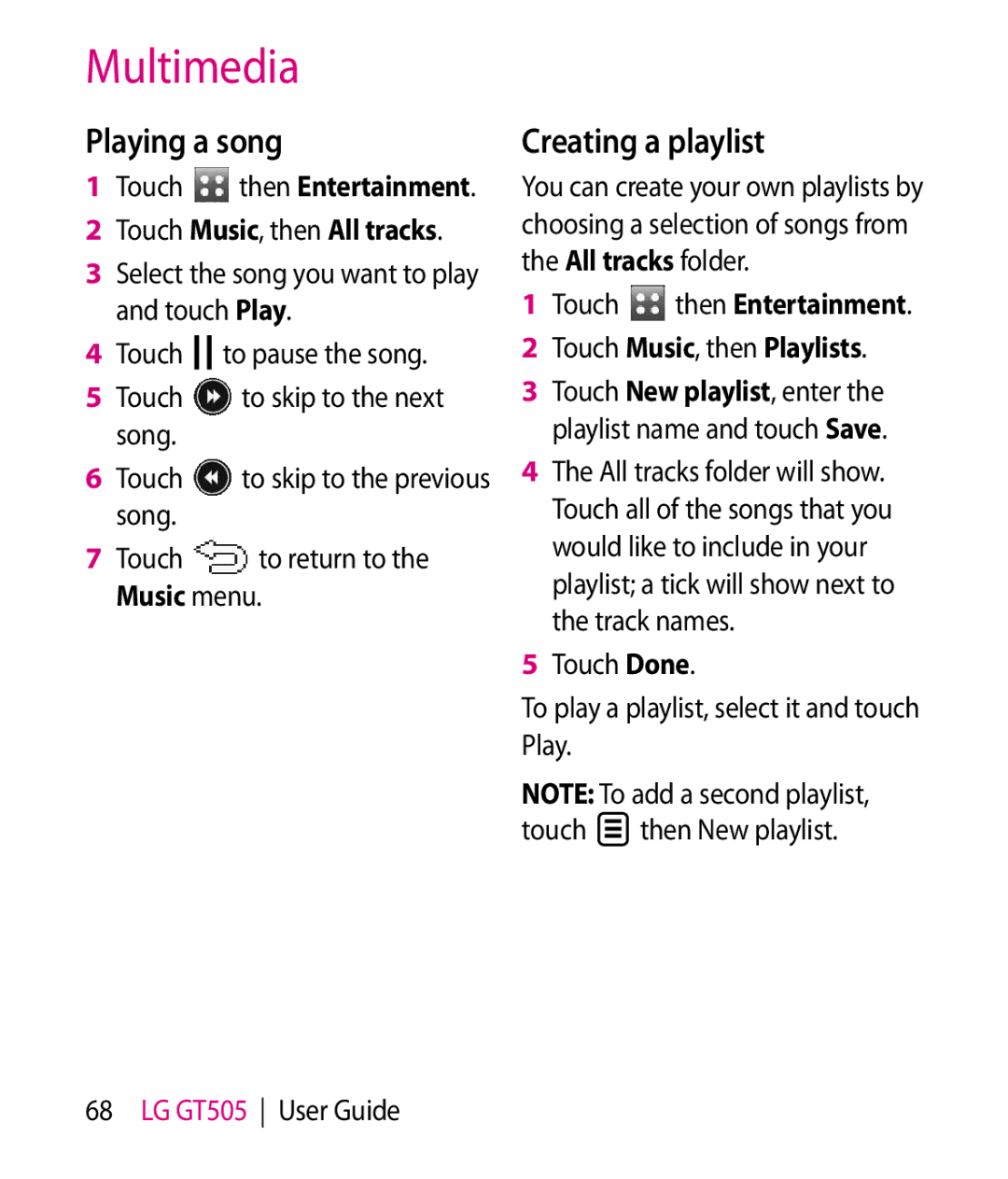LG Electronics GT505 manual Playing a song, Creating a playlist, Touch Music, then All tracks 