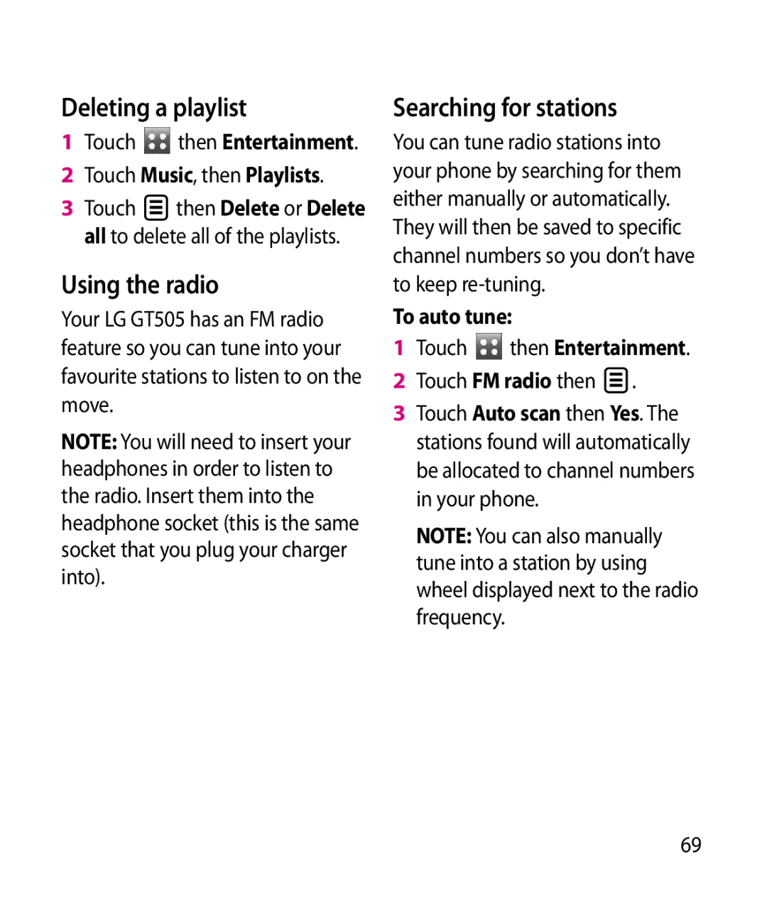 LG Electronics GT505 manual Deleting a playlist, Using the radio, Searching for stations, To auto tune 