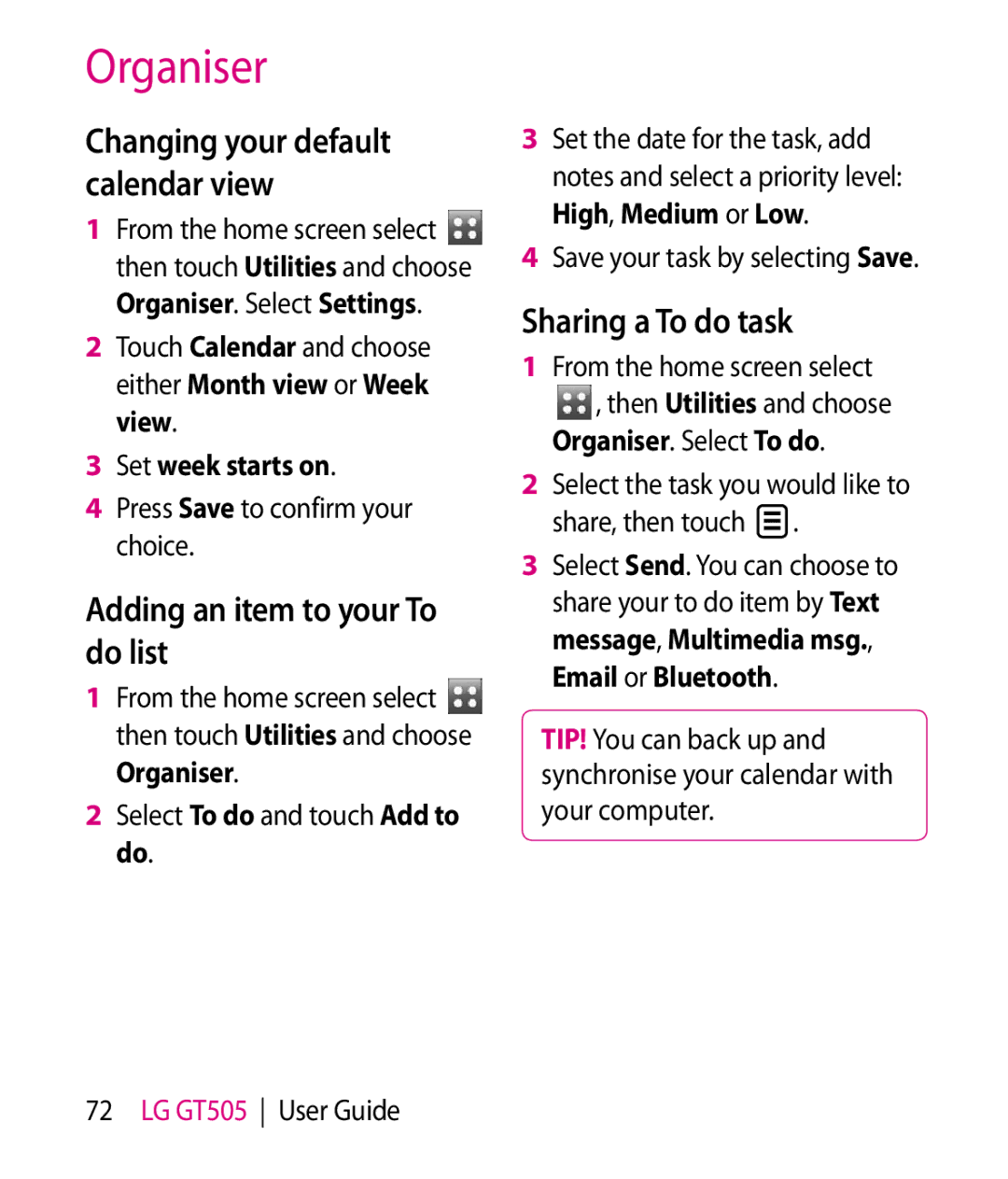 LG Electronics GT505 manual Adding an item to your To do list, Sharing a To do task, Changing your default calendar view 