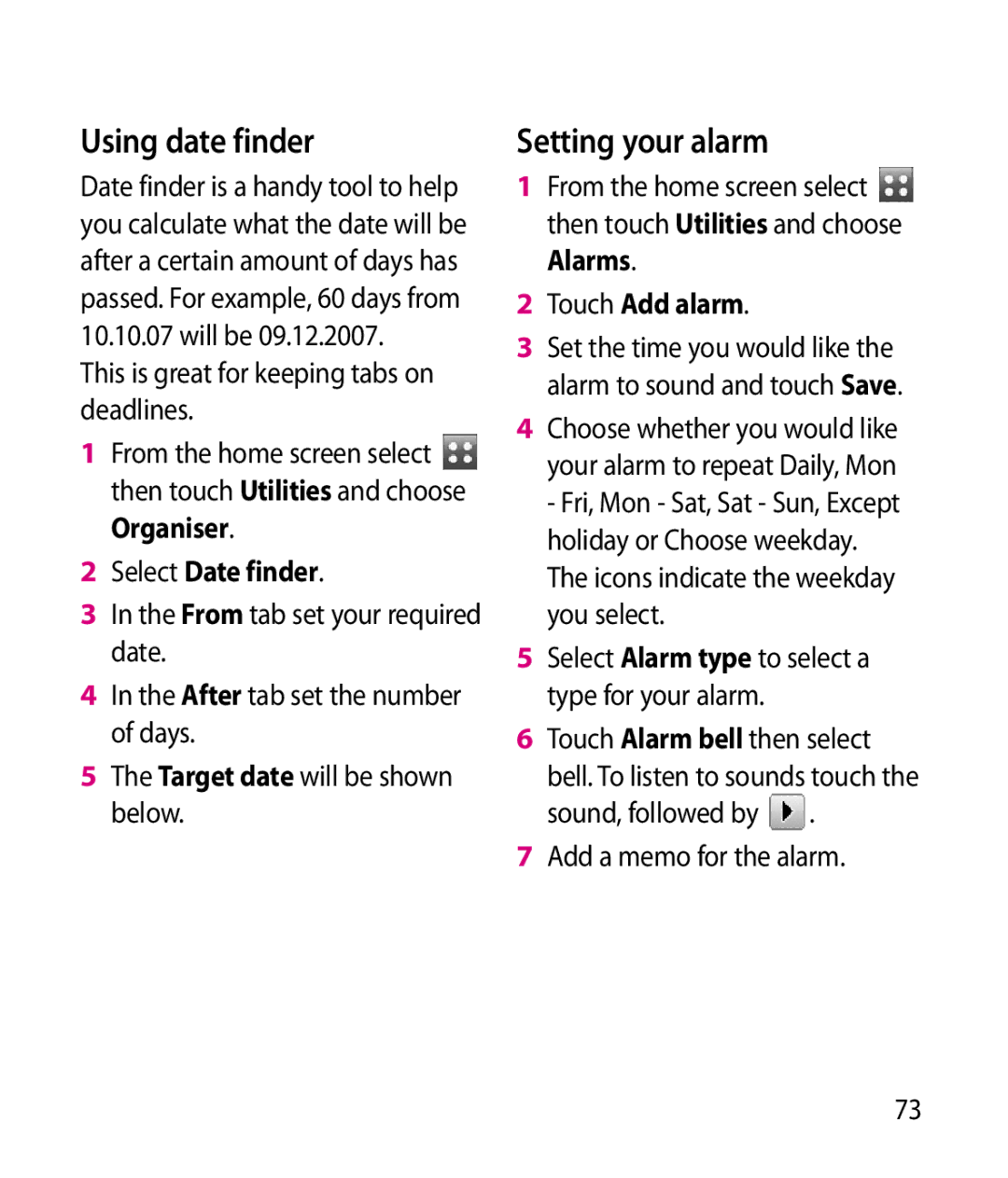 LG Electronics GT505 manual Using date finder, Setting your alarm, Select Date finder, Touch Add alarm 