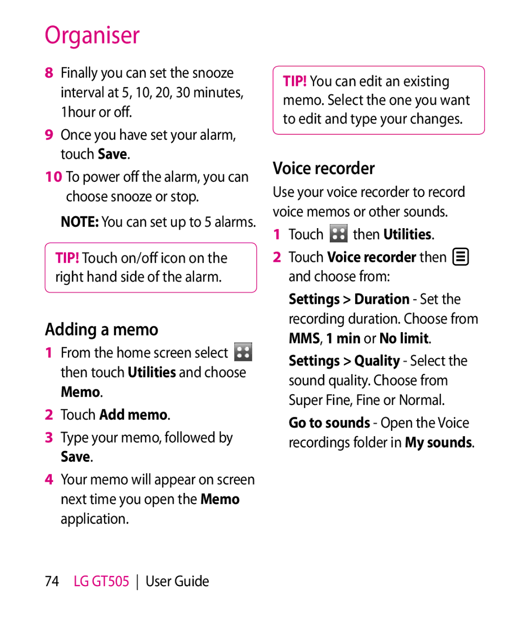 LG Electronics GT505 manual Adding a memo, Touch Add memo, Touch Voice recorder then and choose from 