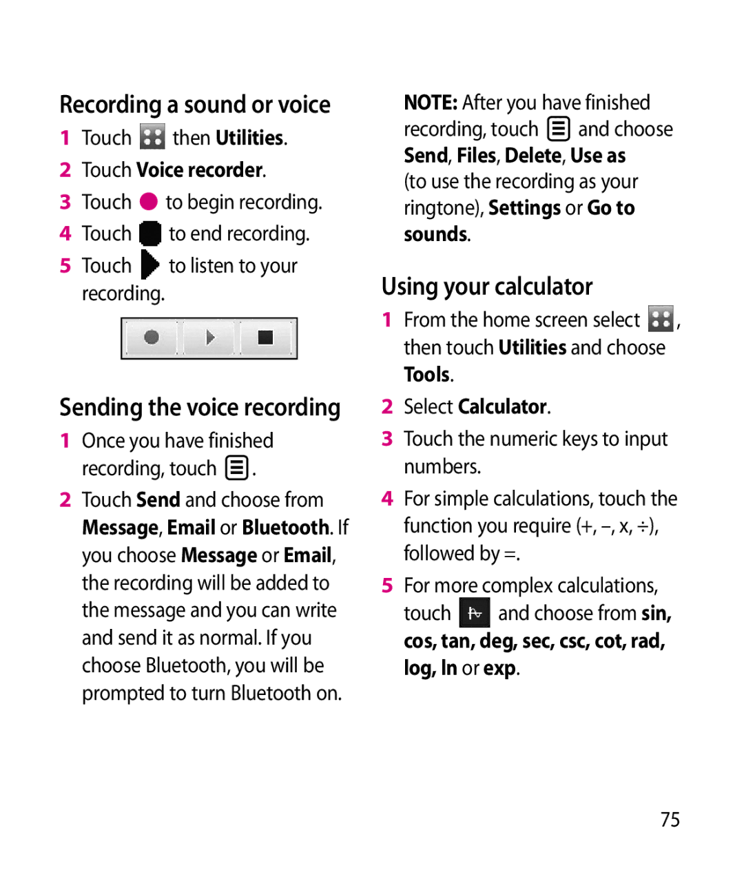 LG Electronics GT505 Using your calculator, Recording a sound or voice, Sending the voice recording, Touch Voice recorder 