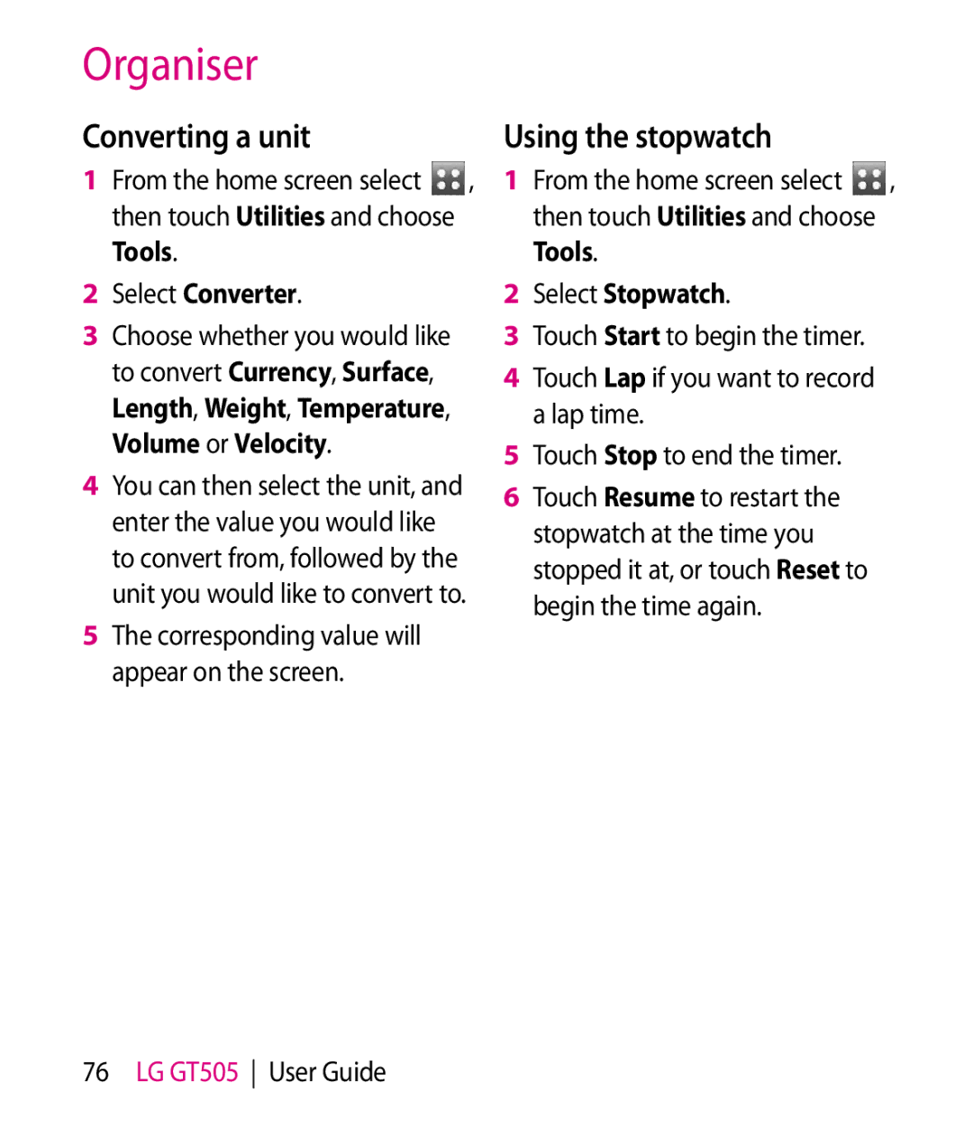 LG Electronics GT505 manual Converting a unit, Using the stopwatch, Select Converter, Select Stopwatch 