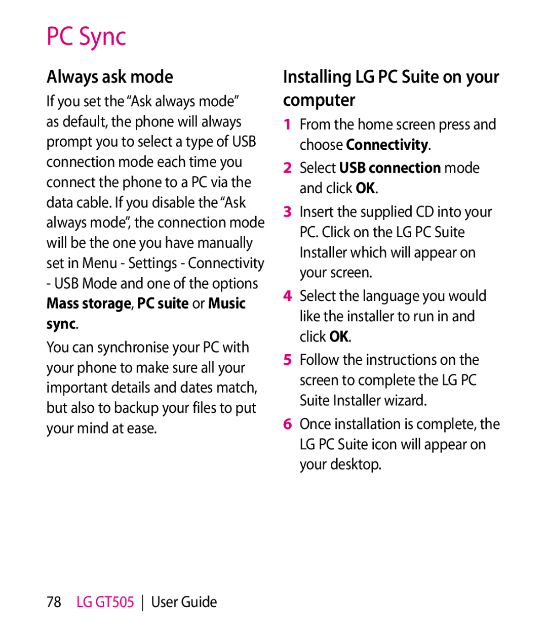 LG Electronics GT505 manual PC Sync, Always ask mode, Installing LG PC Suite on your computer 