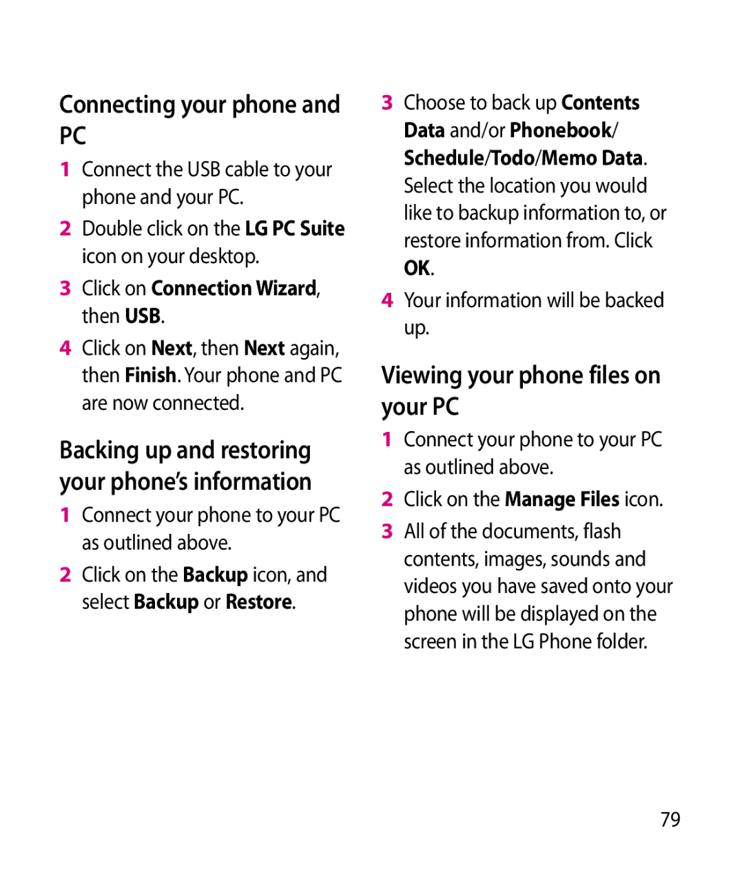 LG Electronics GT505 Viewing your phone files on your PC, Connecting your phone, Click on Connection Wizard, then USB 