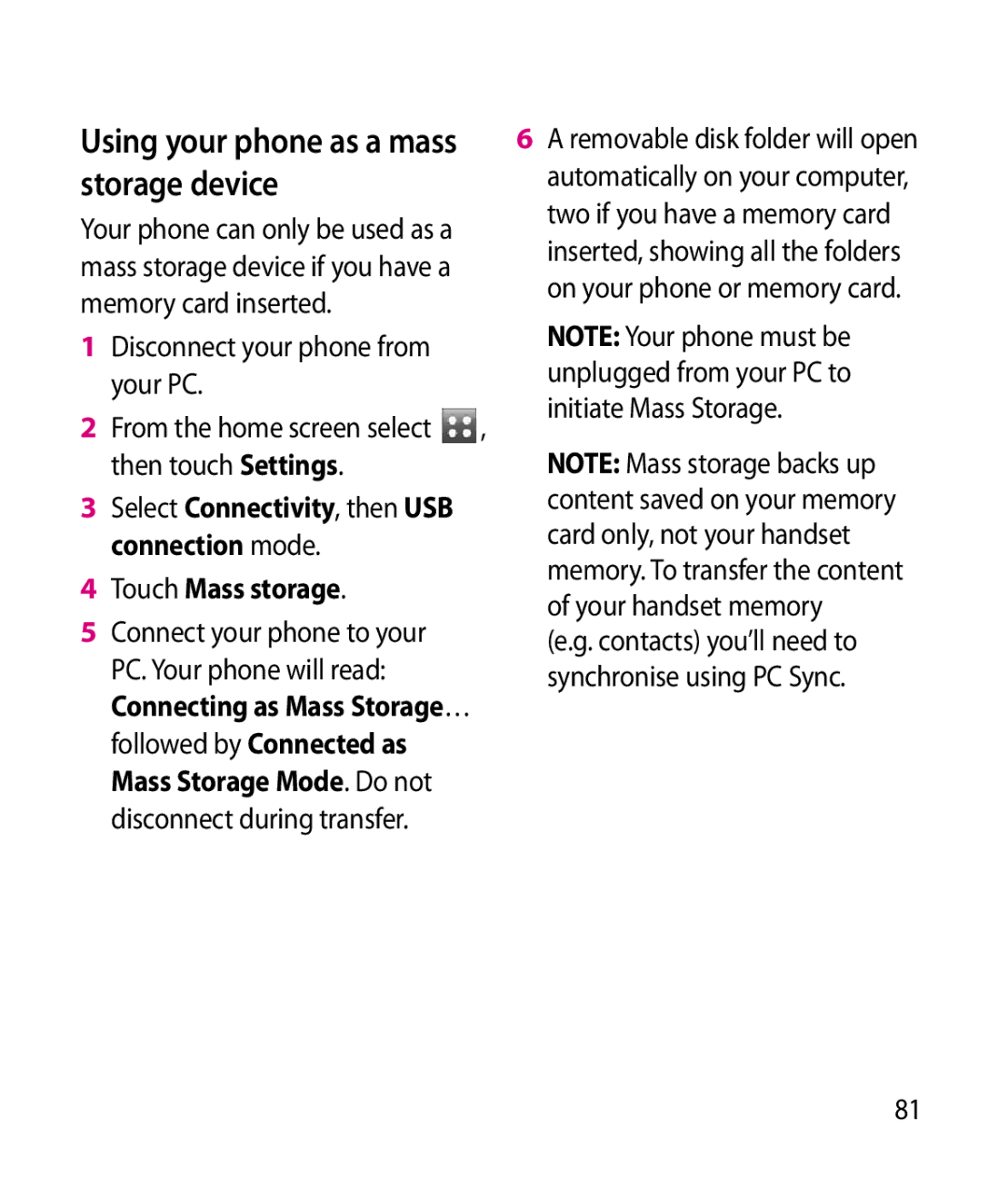 LG Electronics GT505 manual Using your phone as a mass storage device, Touch Mass storage 