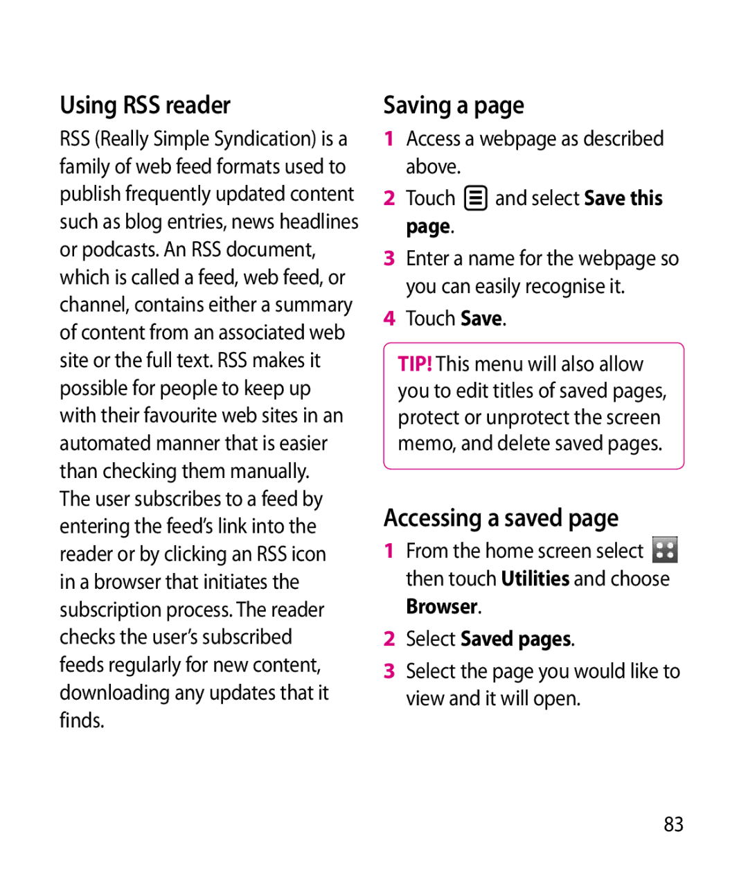 LG Electronics GT505 manual Using RSS reader, Saving a, Accessing a saved, Select Saved pages 