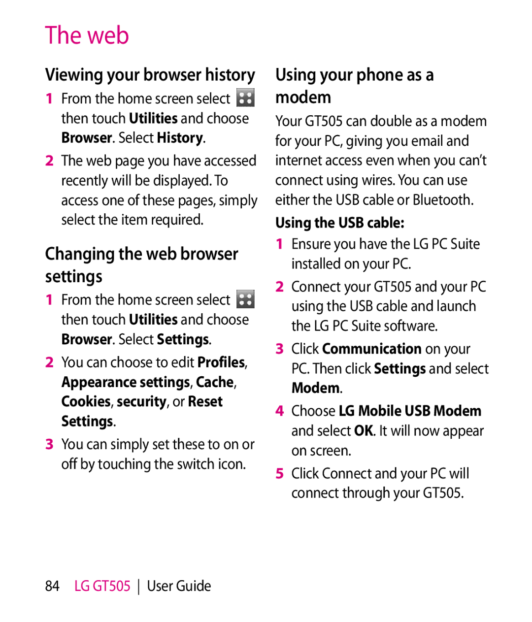 LG Electronics GT505 manual Changing the web browser settings, Using your phone as a modem, Using the USB cable 