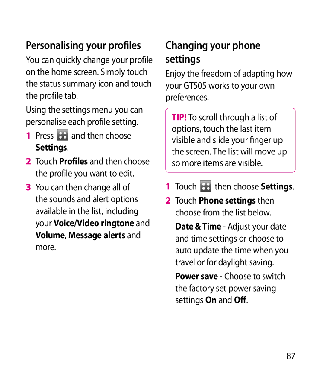 LG Electronics GT505 manual Changing your phone settings, Personalising your profiles, Press and then choose Settings 