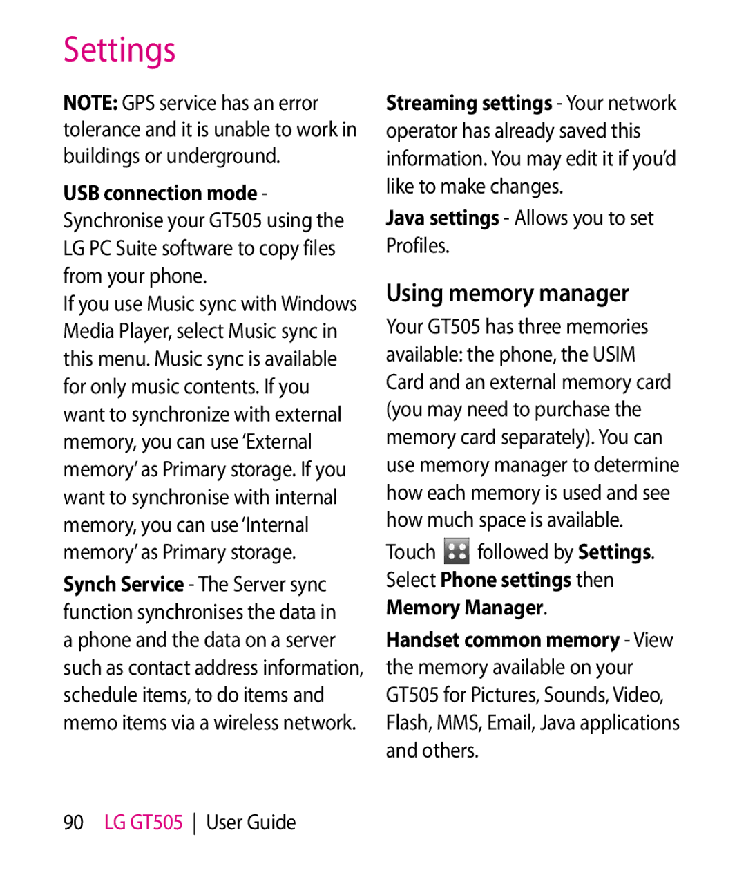 LG Electronics GT505 manual Using memory manager, Java settings Allows you to set Profiles 