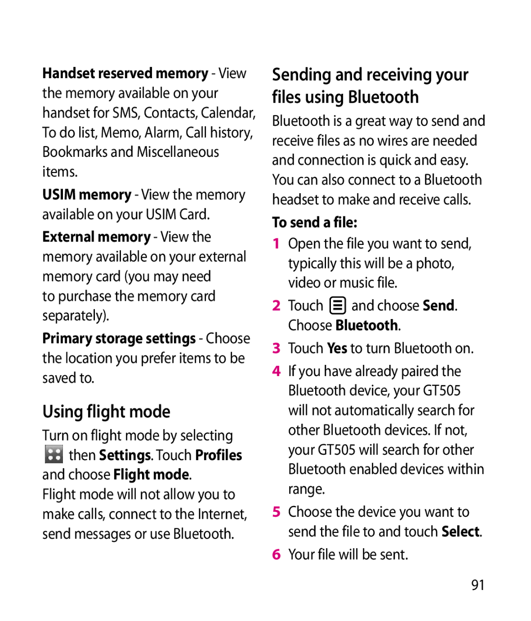 LG Electronics GT505 manual Using flight mode, Sending and receiving your files using Bluetooth, To send a file 