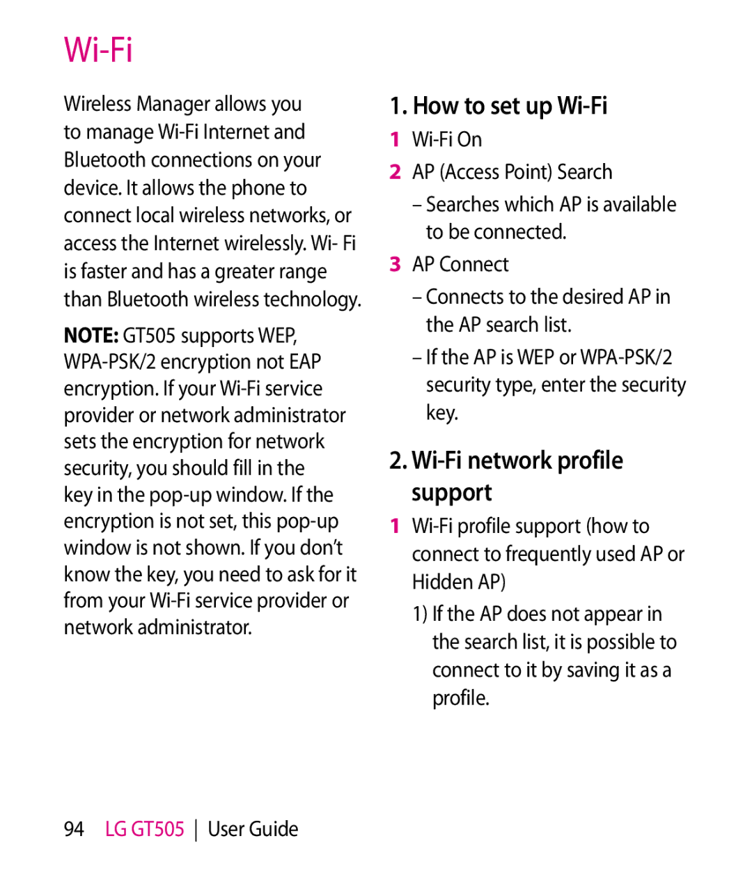 LG Electronics GT505 manual How to set up Wi-Fi, Wi-Fi network profile support 