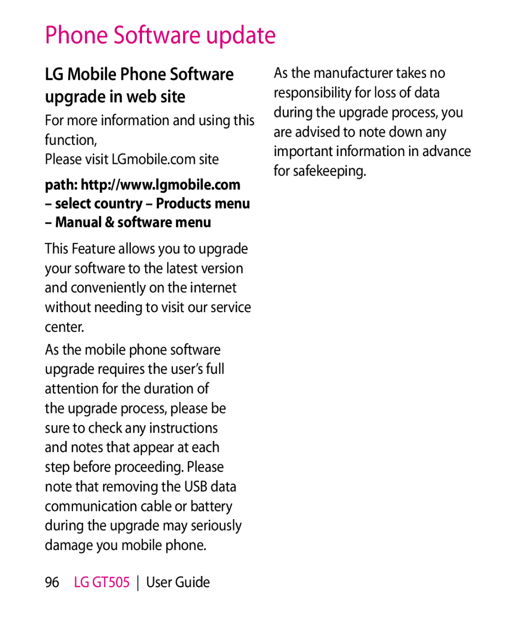 LG Electronics GT505 manual Phone Software update, For more information and using this function, Manual & software menu 