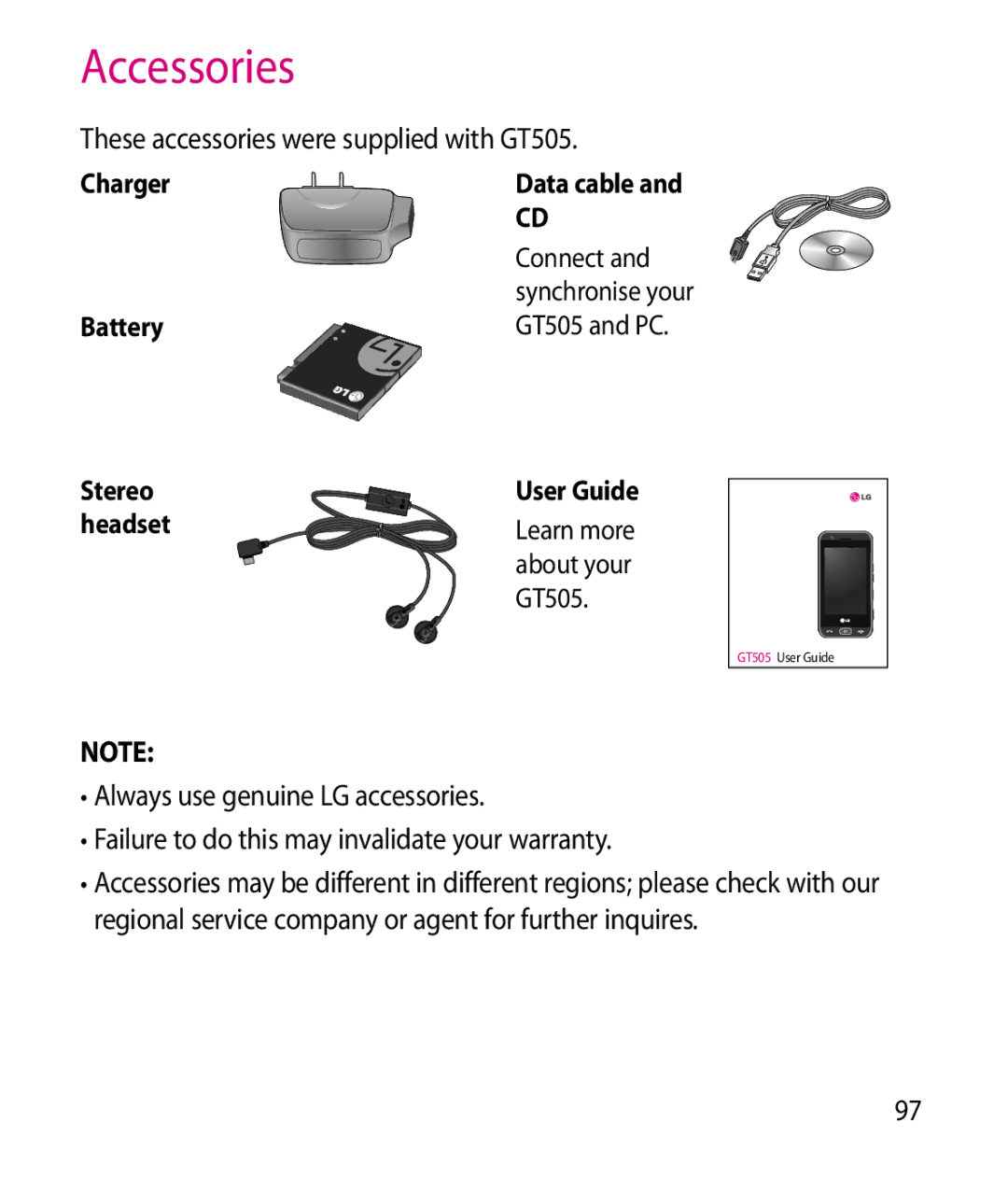 LG Electronics GT505 manual Accessories 