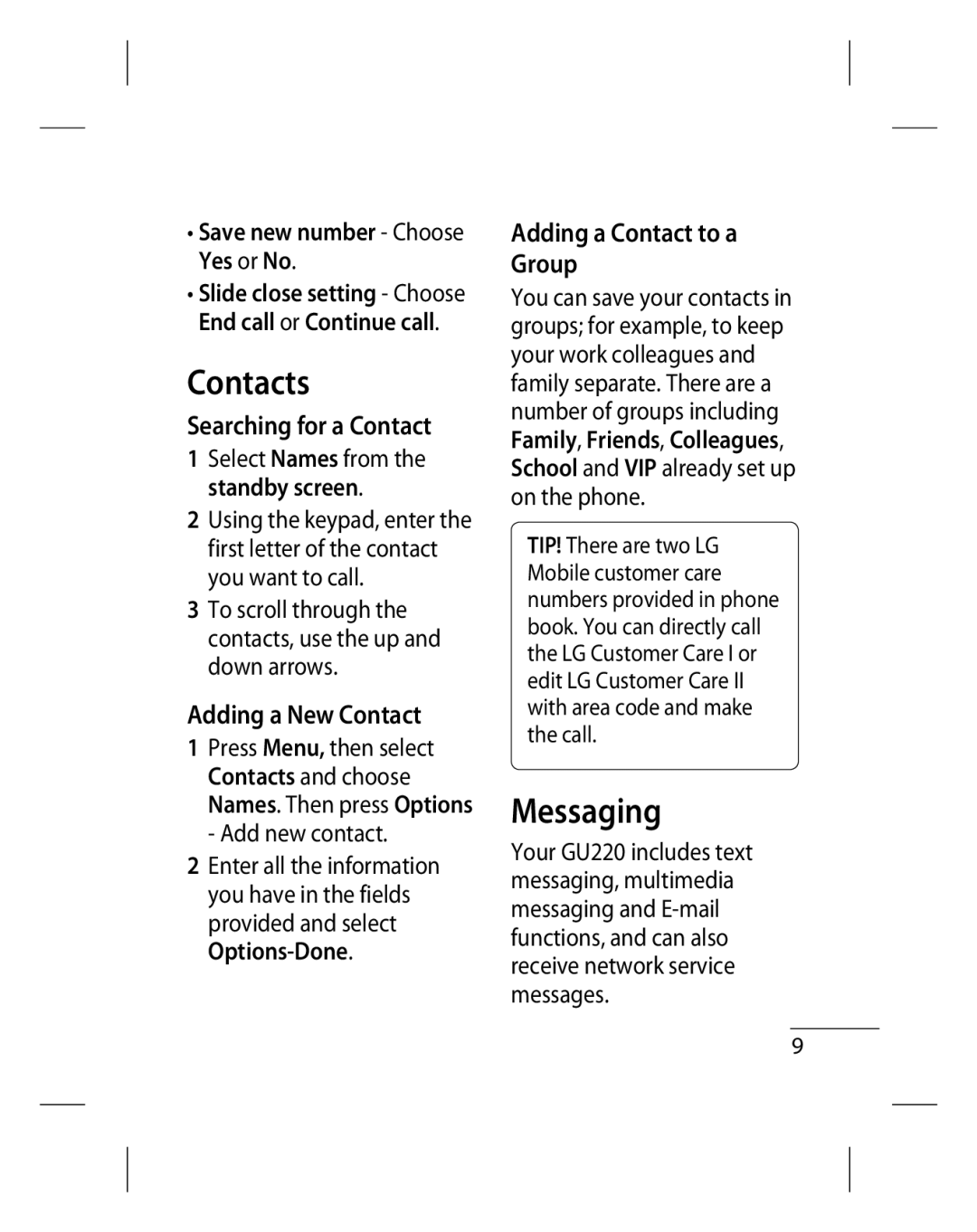 LG Electronics GU220 manual Contacts, Messaging, Searching for a Contact, Adding a New Contact, Adding a Contact to a Group 