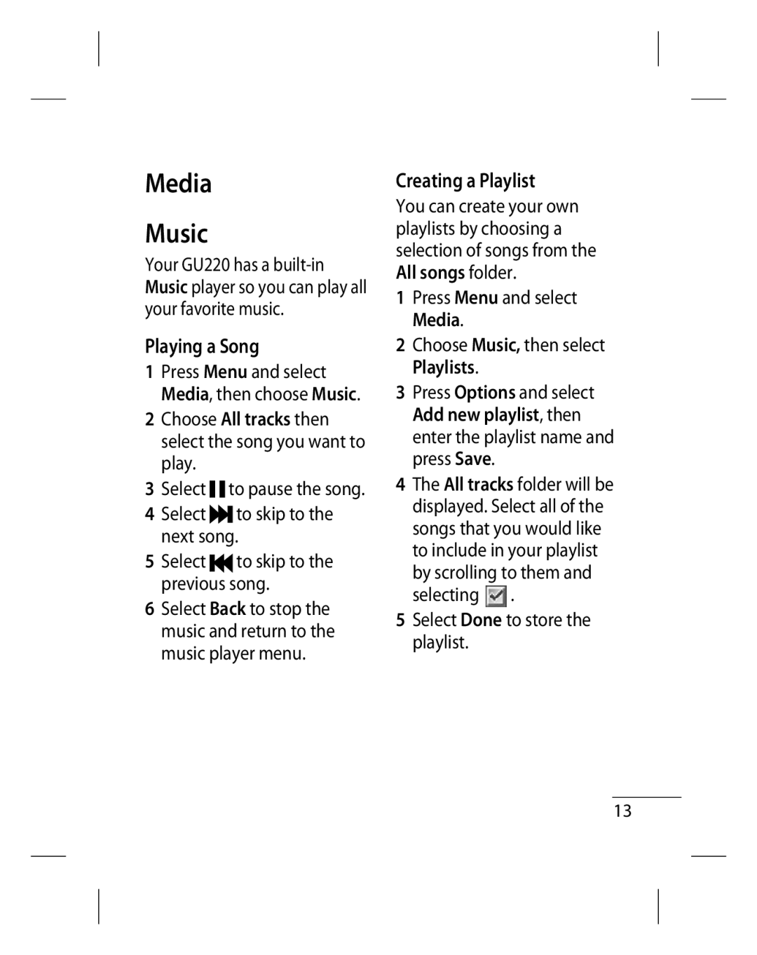 LG Electronics GU220 manual Media Music, Playing a Song, Creating a Playlist 