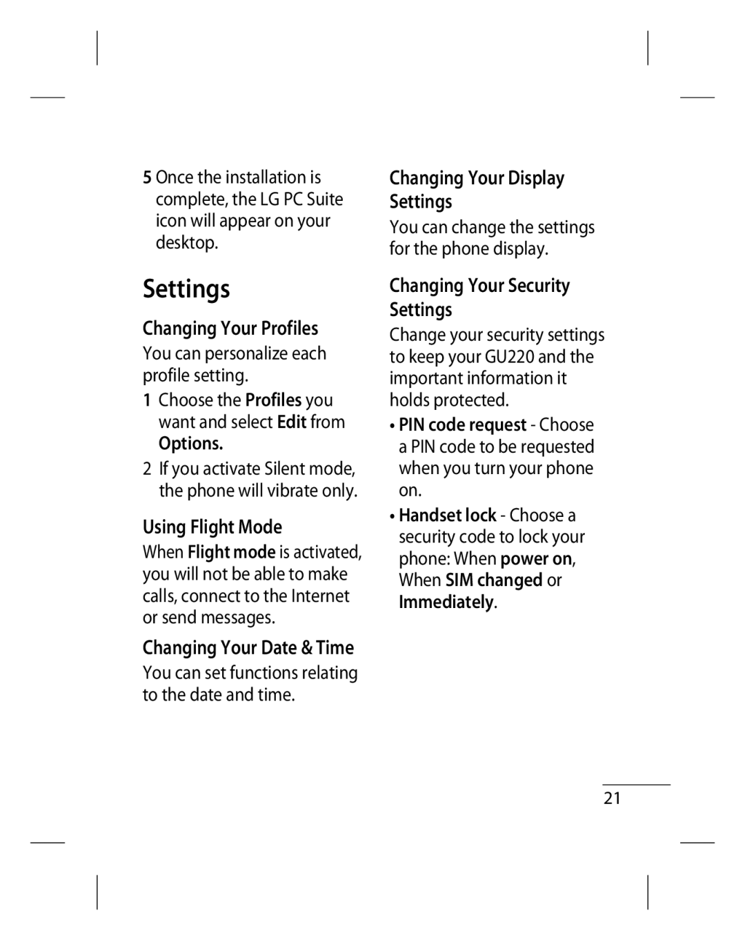 LG Electronics GU220 manual Changing Your Display Settings, Changing Your Profiles, Using Flight Mode 