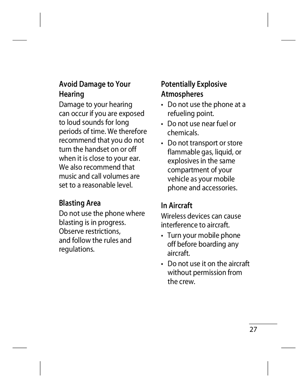 LG Electronics GU220 manual Avoid Damage to Your Hearing, Blasting Area, Potentially Explosive Atmospheres, Aircraft 