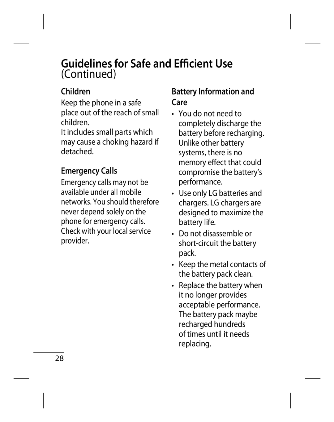 LG Electronics GU220 manual Children, Emergency Calls, Battery Information and Care 