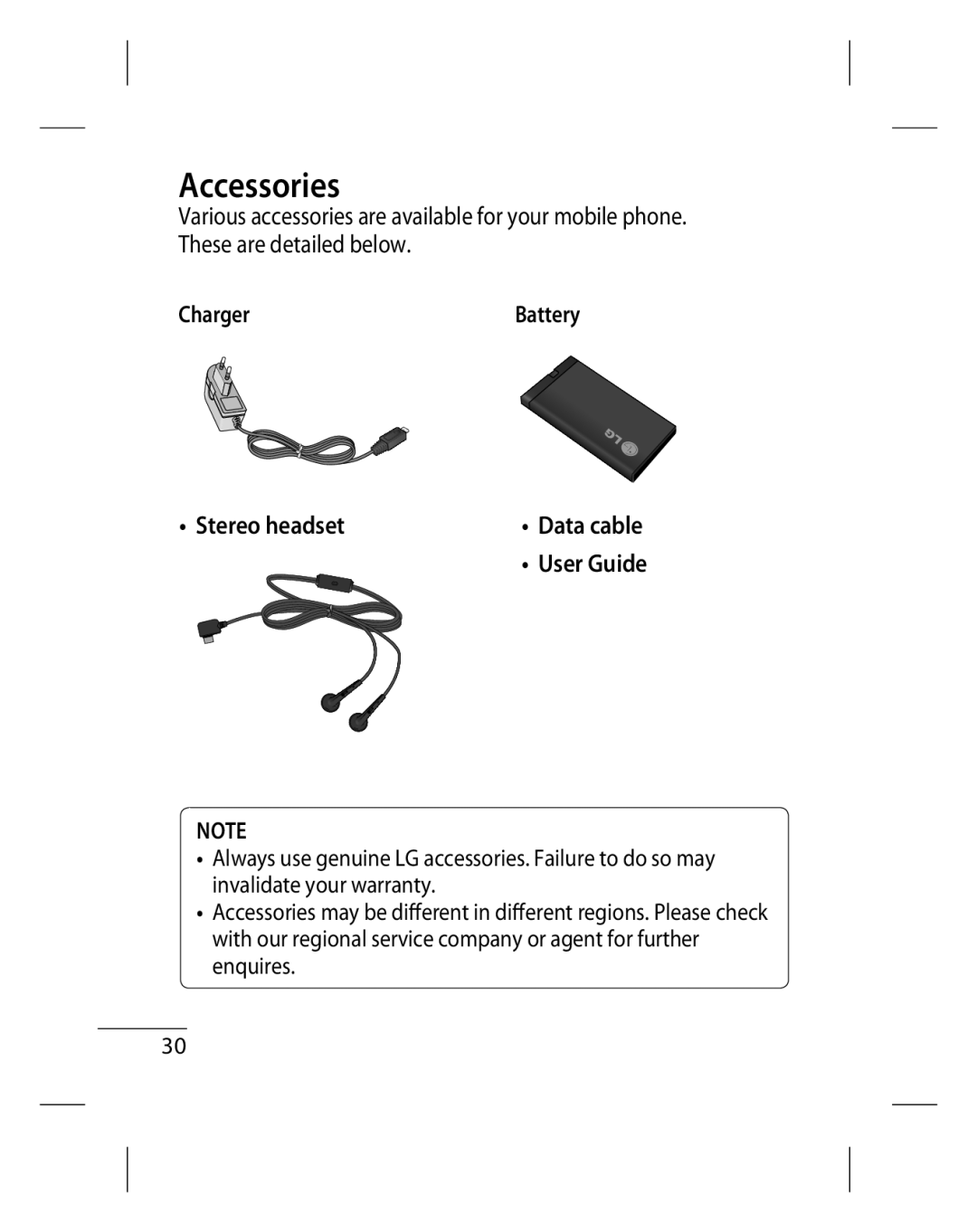 LG Electronics GU220 manual Accessories, ChargerBattery Stereo headset 