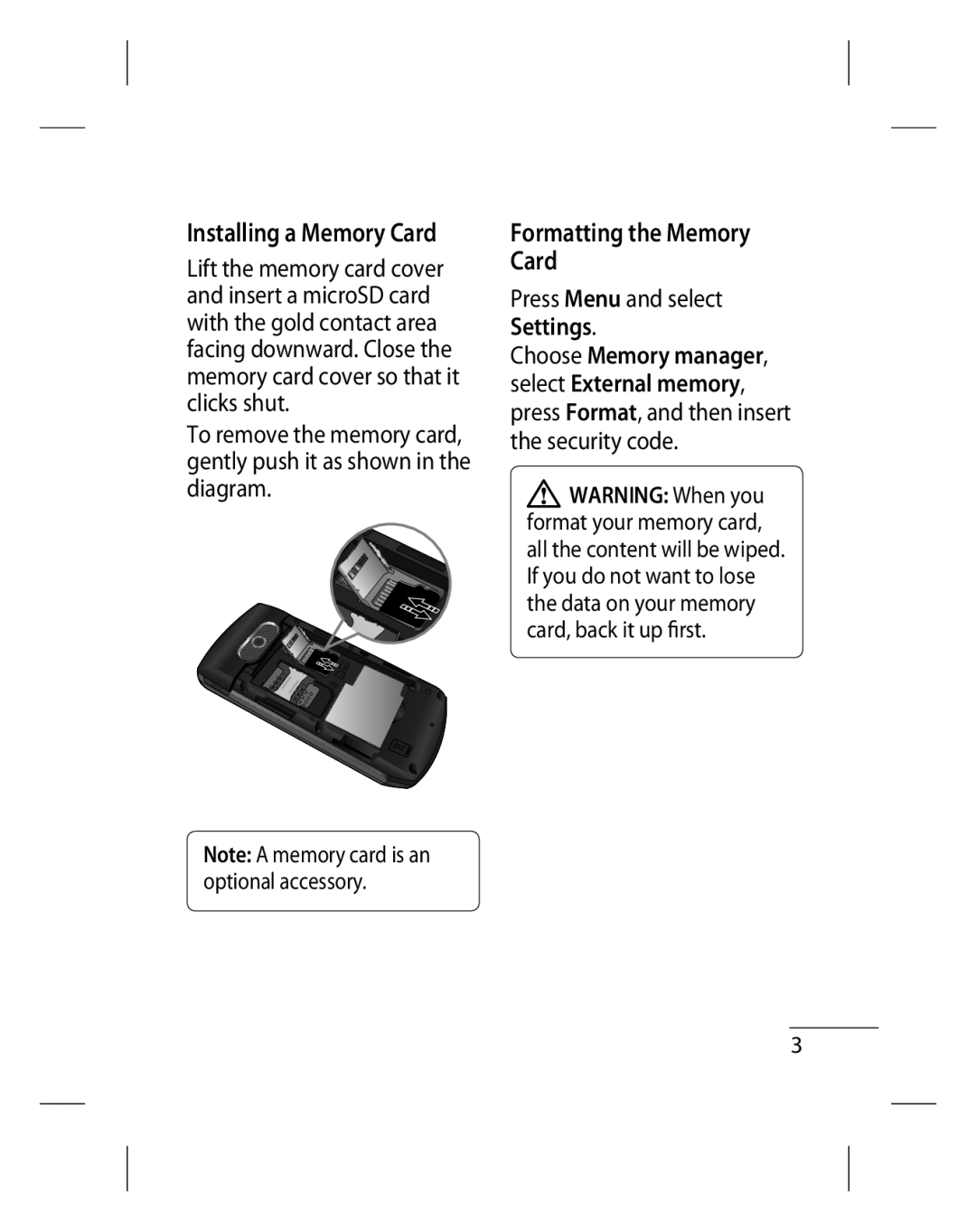 LG Electronics GU220 manual Installing a Memory Card, Formatting the Memory Card, Settings 