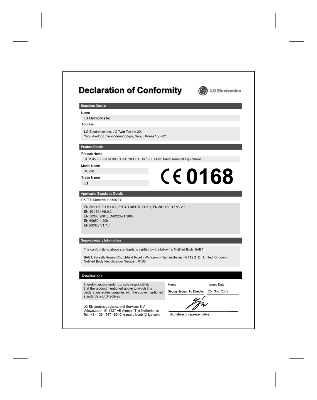 LG Electronics GU220 manual Declaration relates complies with the above mentioned 