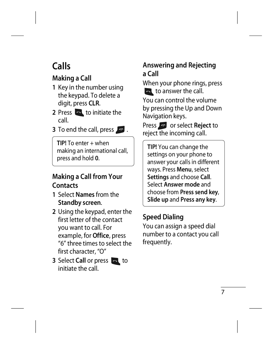 LG Electronics GU220 manual Calls, Making a Call from Your Contacts, Answering and Rejecting a Call, Speed Dialing 