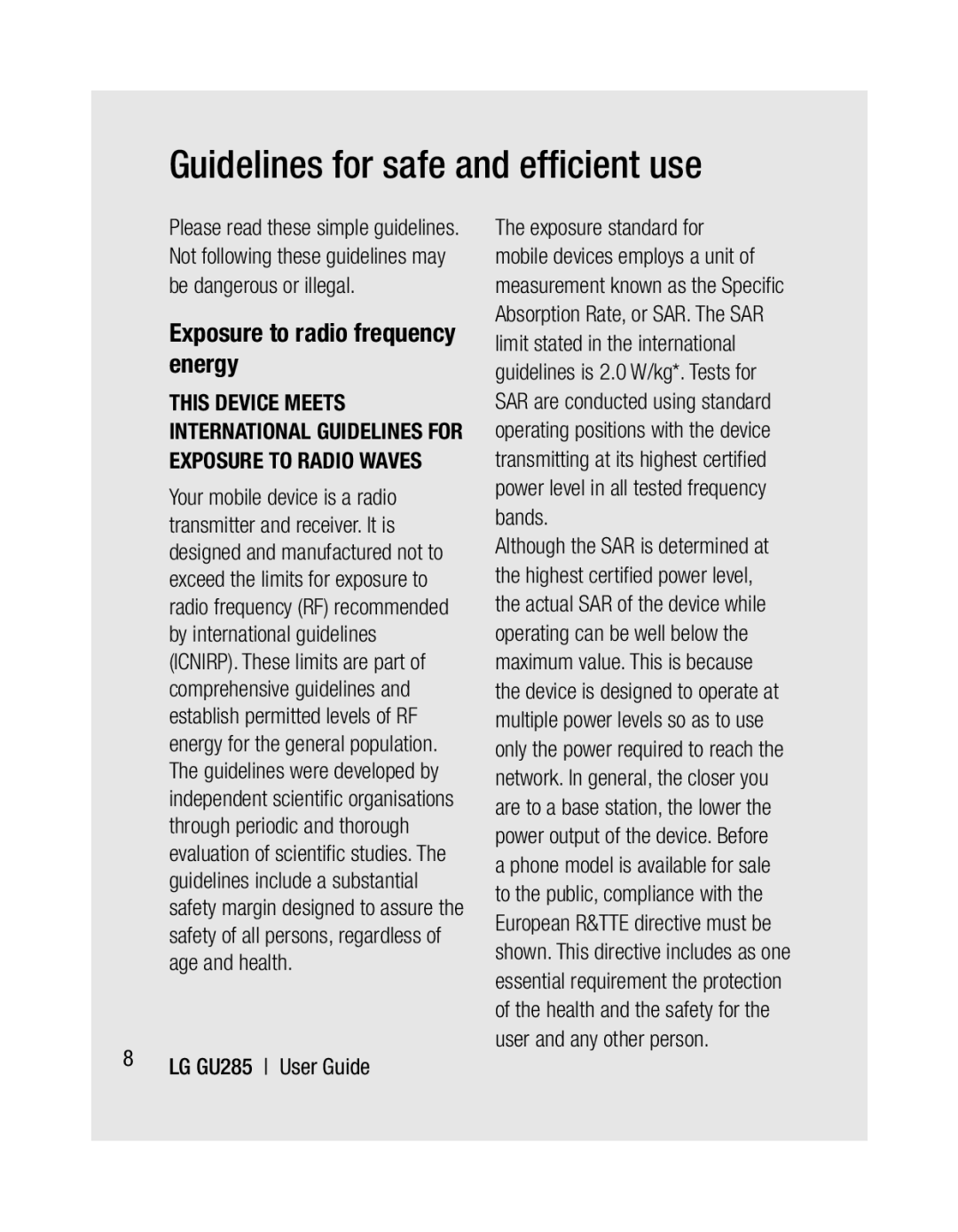 LG Electronics GU285 manual Guidelines for safe and efﬁcient use, Exposure to radio frequency energy 