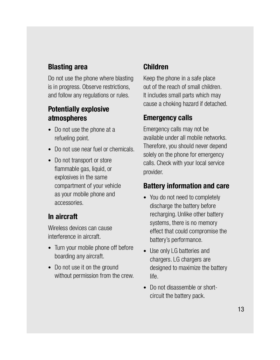 LG Electronics GU285 manual Blasting area, Aircraft, Children, Emergency calls, Battery information and care 