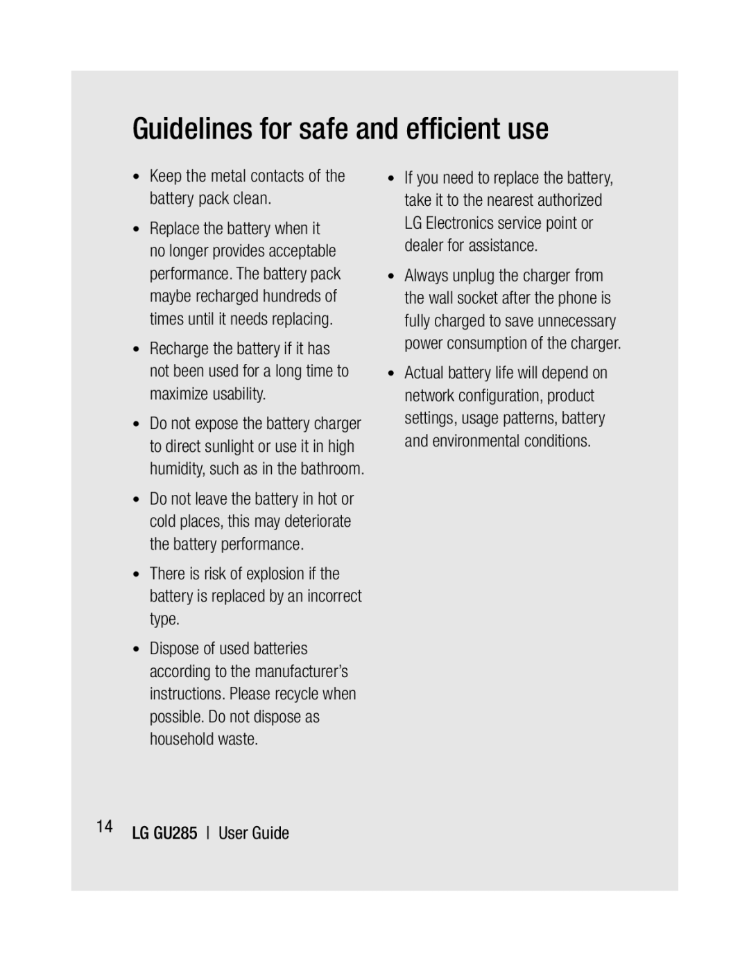 LG Electronics GU285 manual Guidelines for safe and efﬁcient use 