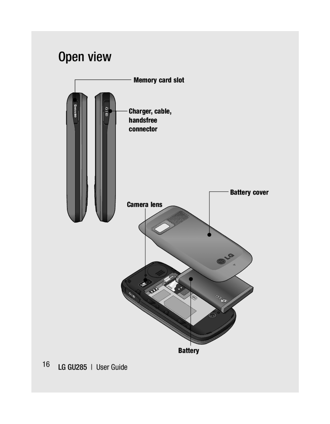 LG Electronics GU285 manual Open view, Memory card slot, Battery cover Camera lens 