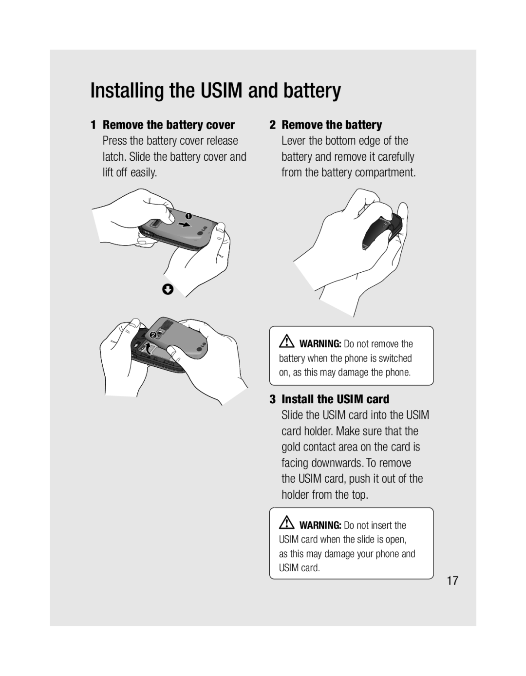 LG Electronics GU285 manual Installing the Usim and battery, Install the Usim card 