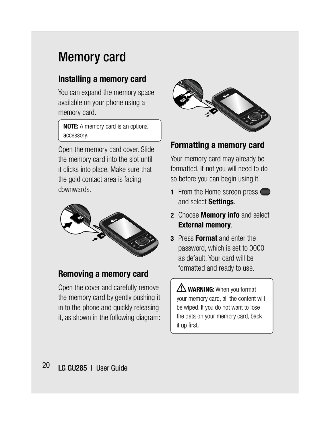 LG Electronics GU285 manual Memory card, Installing a memory card, Removing a memory card, Formatting a memory card 